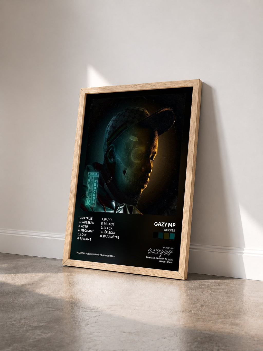 #bois Tableau de l'album PROCESS de GAZY MP vu de trois quarts, cadre en bois brut