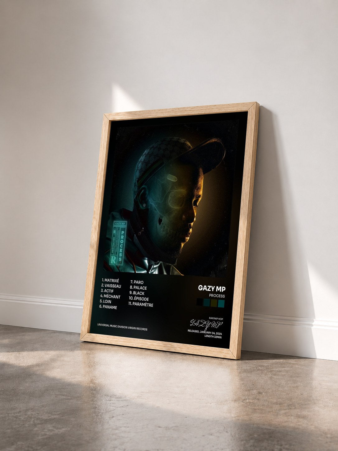 #bois Tableau de l'album PROCESS de GAZY MP vu de trois quarts, cadre en bois brut