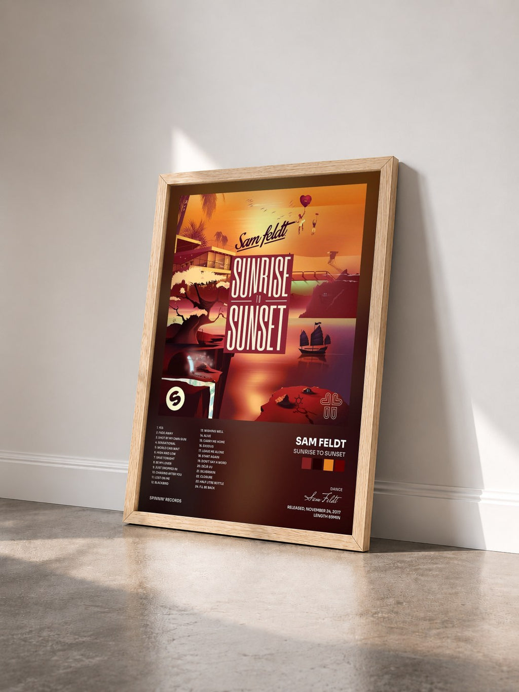 #bois Tableau de l'album Sunrise To Sunset de Sam Feldt vu de trois quarts, cadre en bois brut