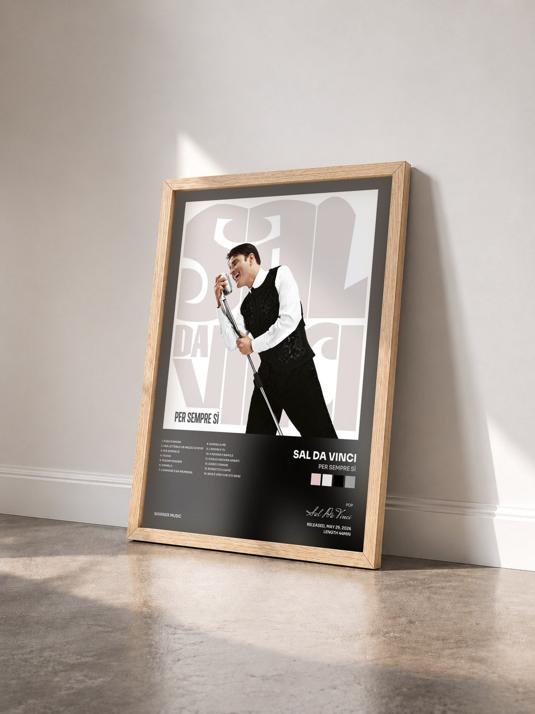 #bois Tableau de l'album PER SEMPRE SÌ de Sal Da Vinci vu de trois quarts, cadre en bois brut