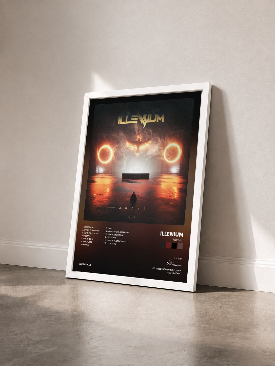 #blanc Tableau de l'album Awake de Illenium vu de trois quarts, cadre blanc