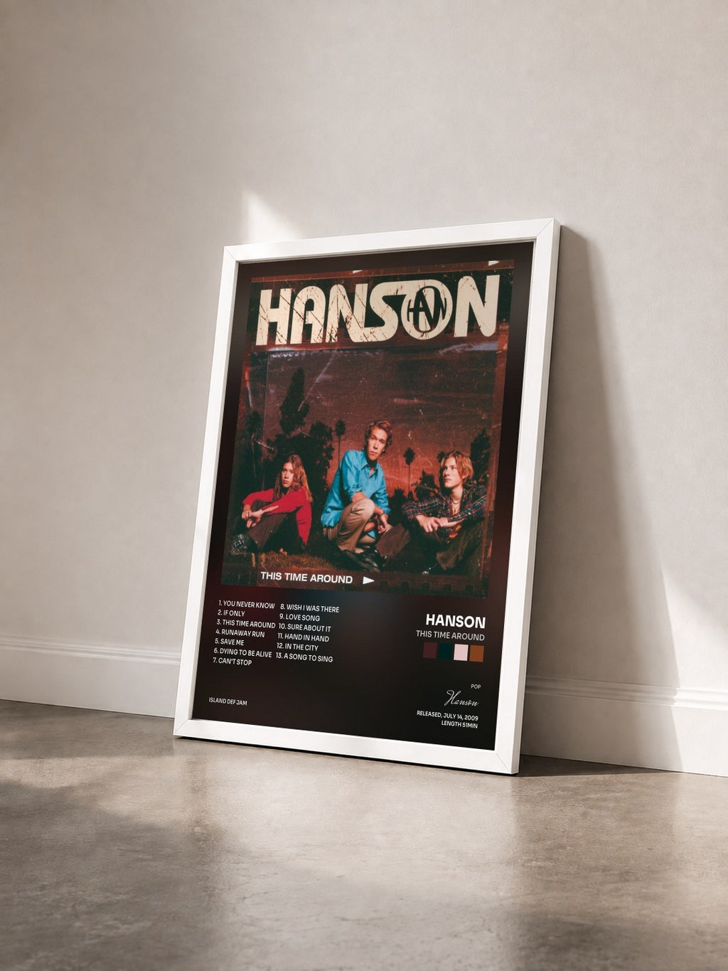#blanc Tableau de l'album This Time Around de Hanson vu de trois quarts, cadre blanc