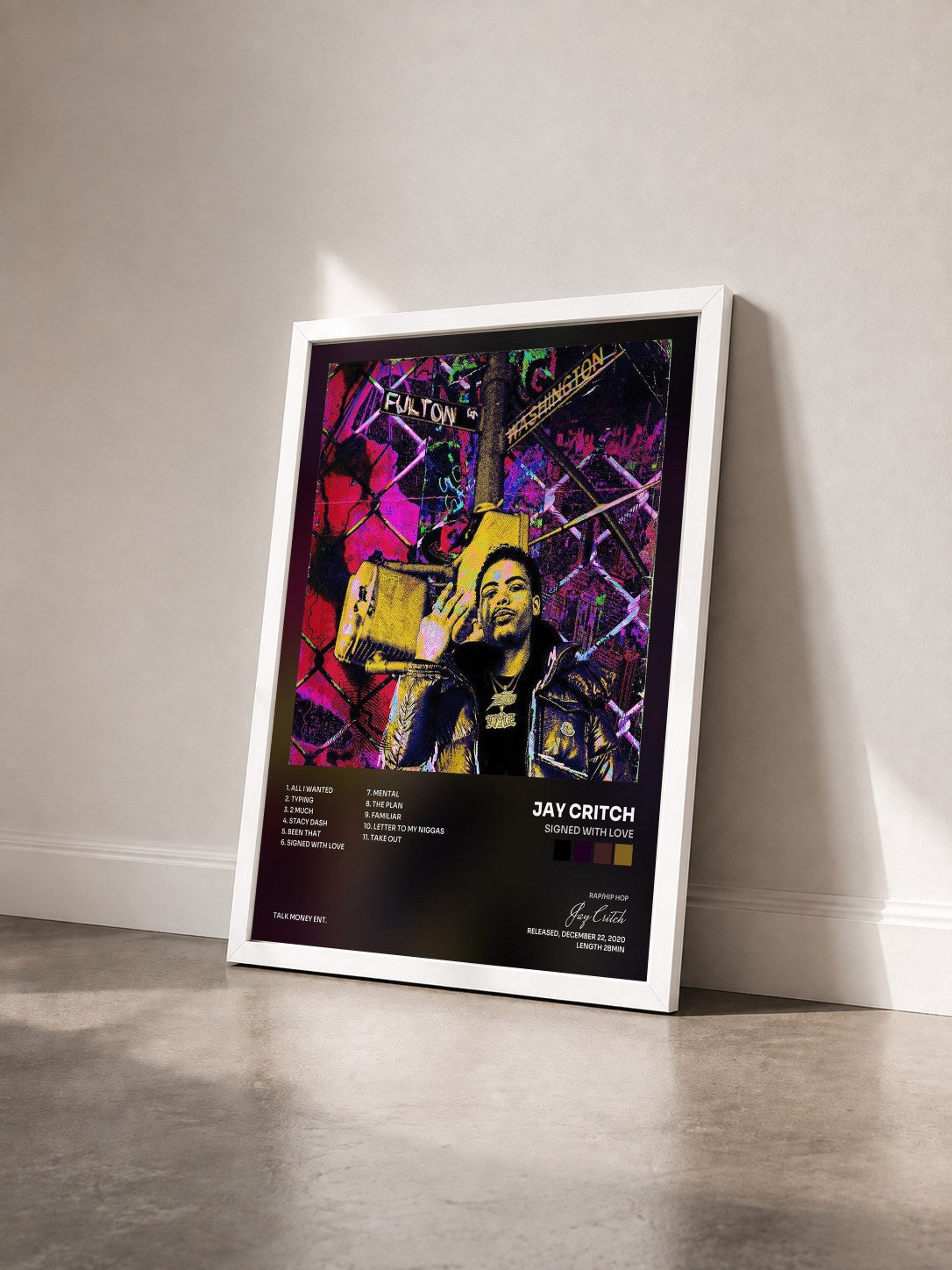 #blanc Tableau de l'album Signed with Love de Jay Critch vu de trois quarts, cadre blanc