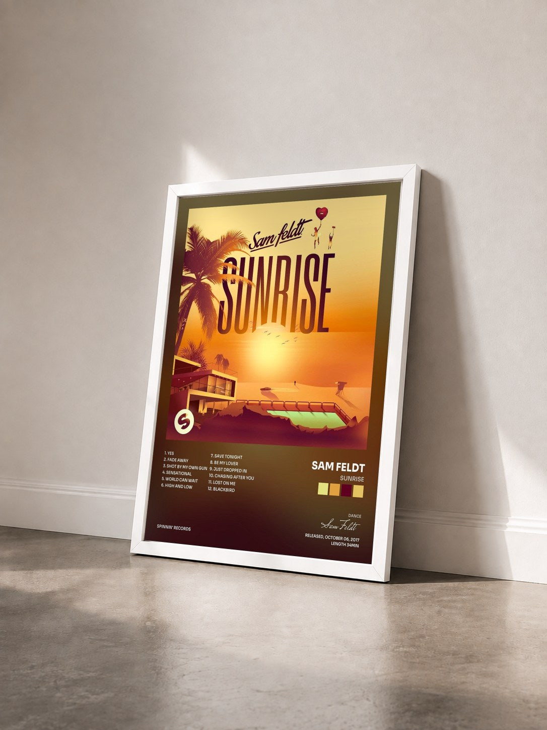 #blanc Tableau de l'album Sunrise de Sam Feldt vu de trois quarts, cadre blanc