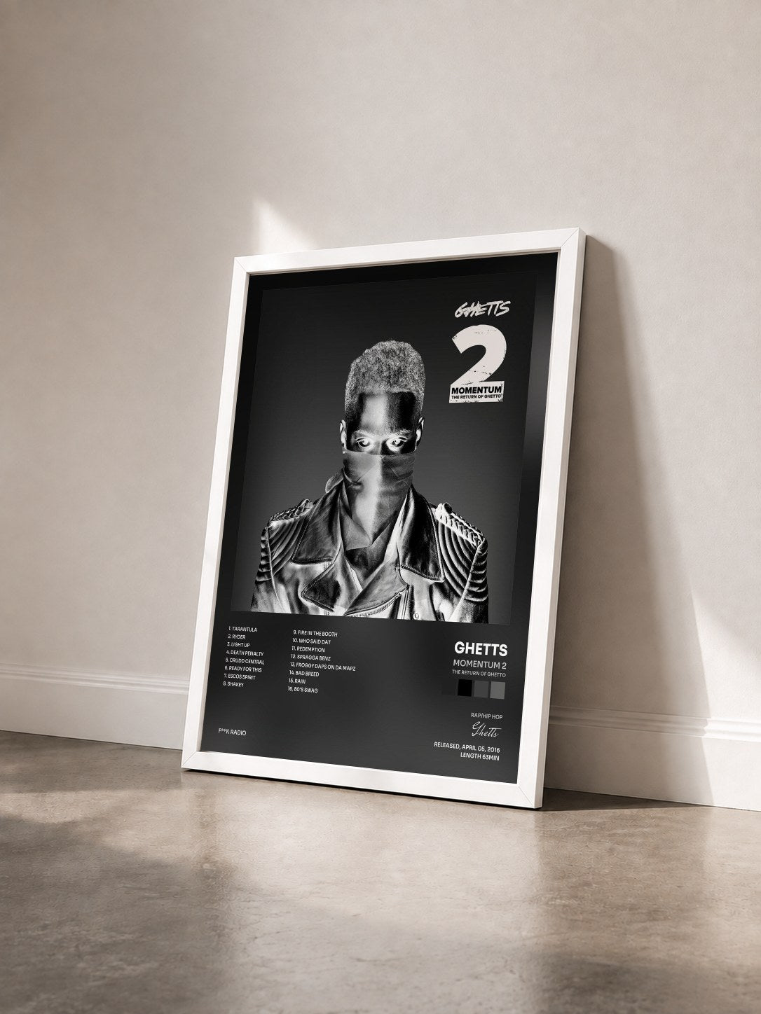 #blanc Tableau de l'album Momentum 2 (The Return of Ghetto) de Ghetts vu de trois quarts, cadre blanc