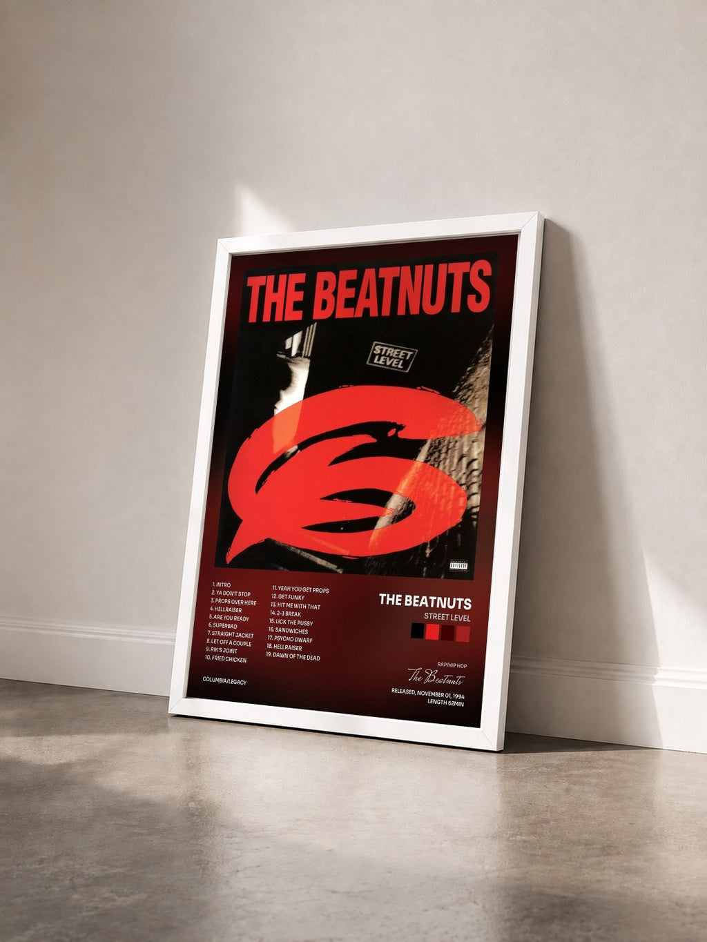 #blanc Tableau de l'album Street Level de The Beatnuts vu de trois quarts, cadre blanc