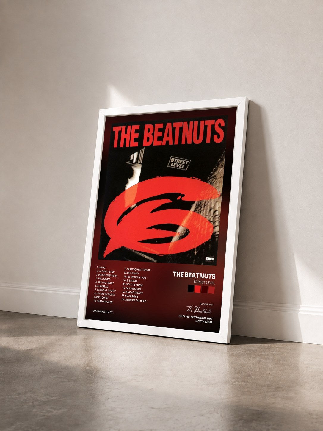 #blanc Tableau de l'album Street Level de The Beatnuts vu de trois quarts, cadre blanc
