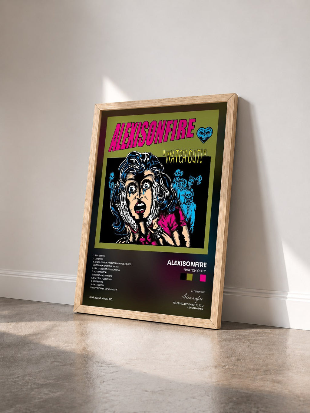 #bois Tableau de l'album "Watch out!" de Alexisonfire vu de trois quarts, cadre en bois brut