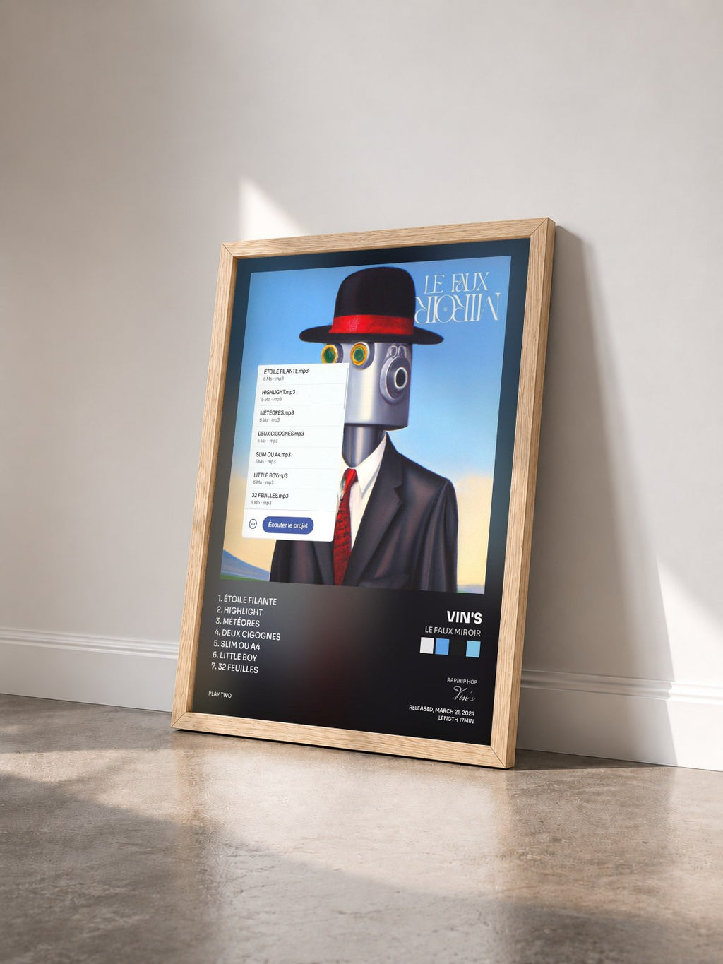 #bois Tableau de l'album Le Faux Miroir de Vin's vu de trois quarts, cadre en bois brut