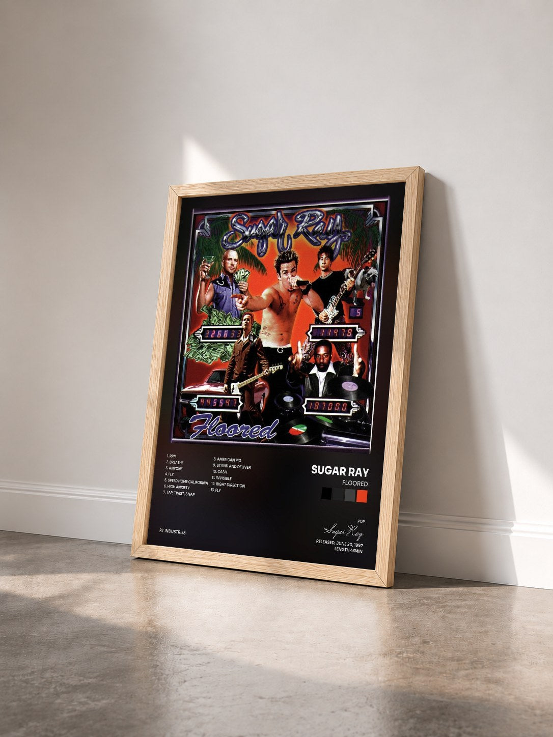 #bois Tableau de l'album Floored de Sugar Ray vu de trois quarts, cadre en bois brut