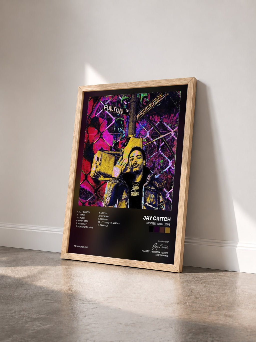 #bois Tableau de l'album Signed with Love de Jay Critch vu de trois quarts, cadre en bois brut