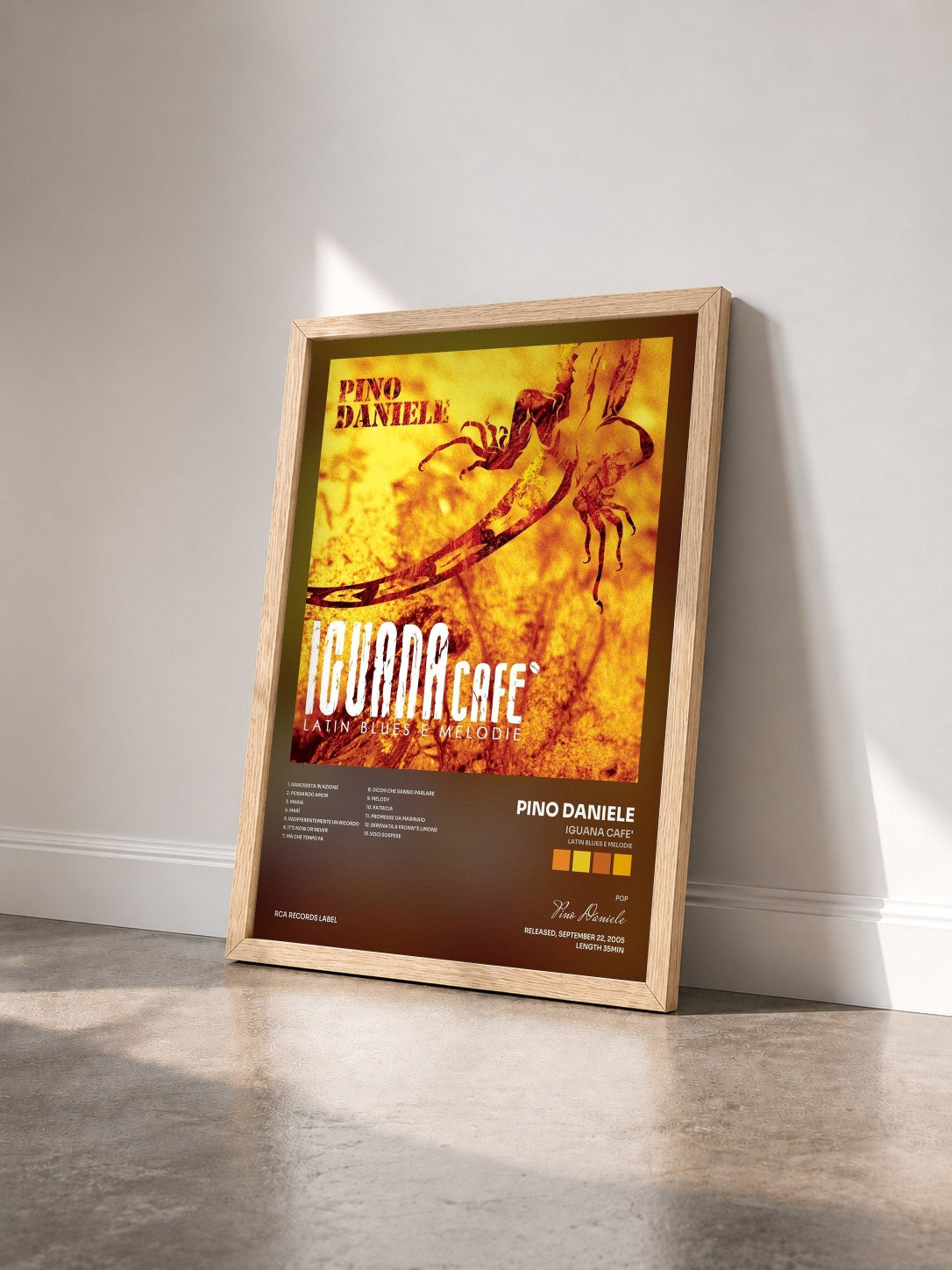 #bois Tableau de l'album Iguana Cafe' (Latin Blues E Melodie) de Pino Daniele vu de trois quarts, cadre en bois brut