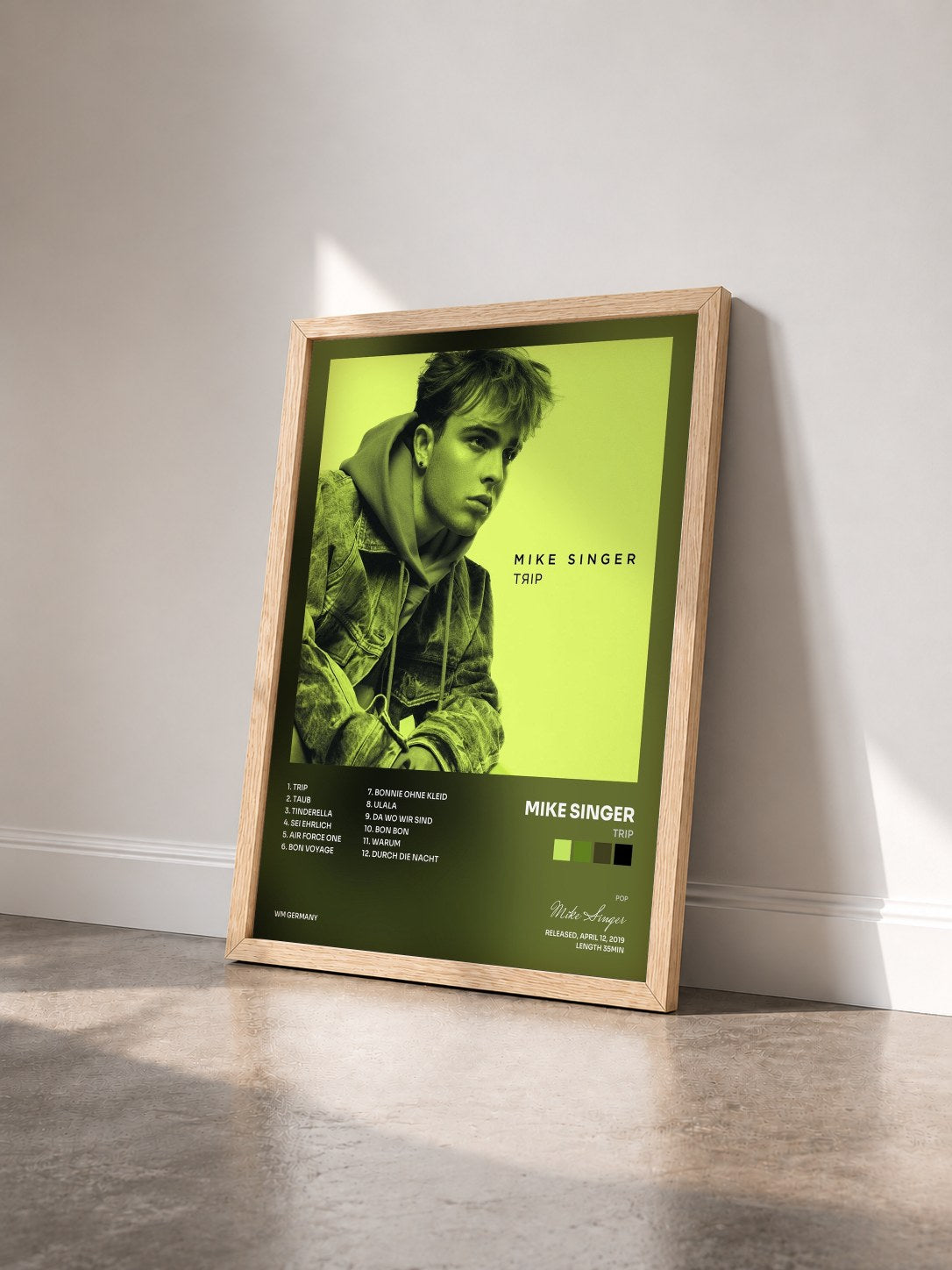 #bois Tableau de l'album Trip de Mike Singer vu de trois quarts, cadre en bois brut