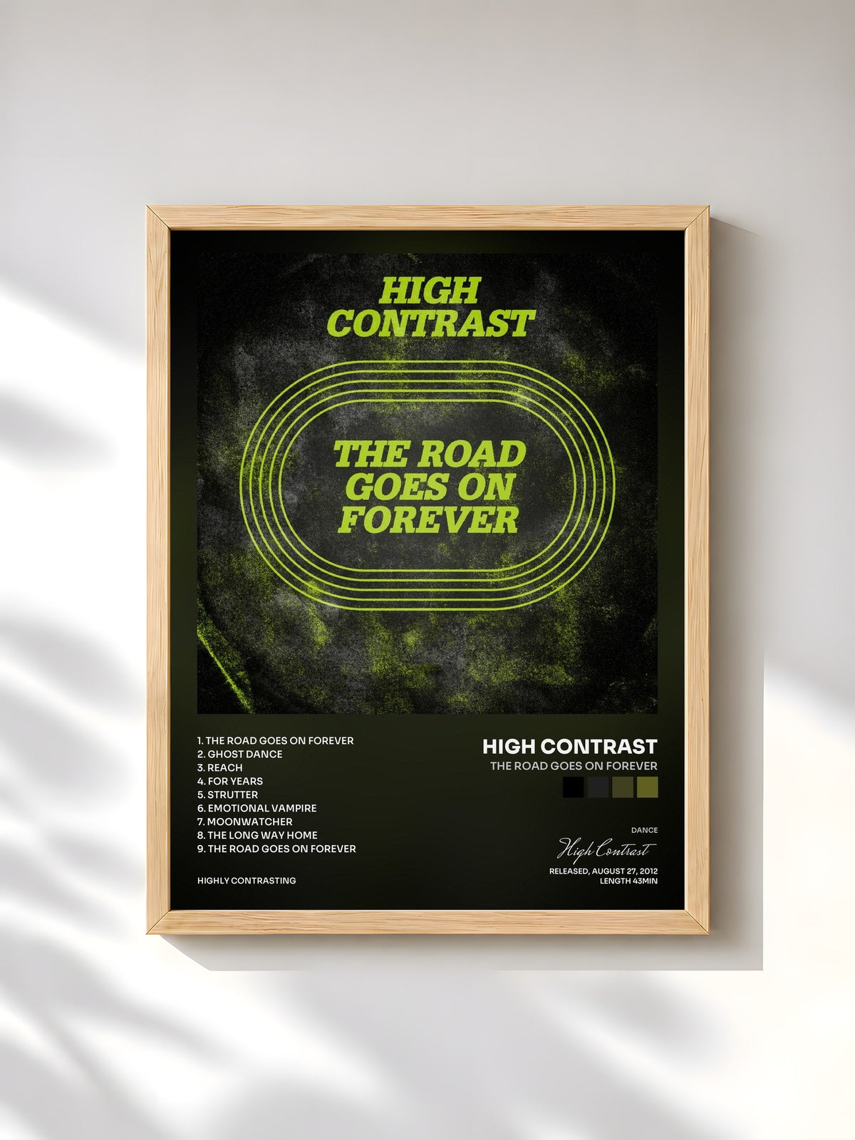 #bois Tableau de l'album The Road Goes On Forever de High Contrast, cadre en bois brut, imprimé et encadré en France