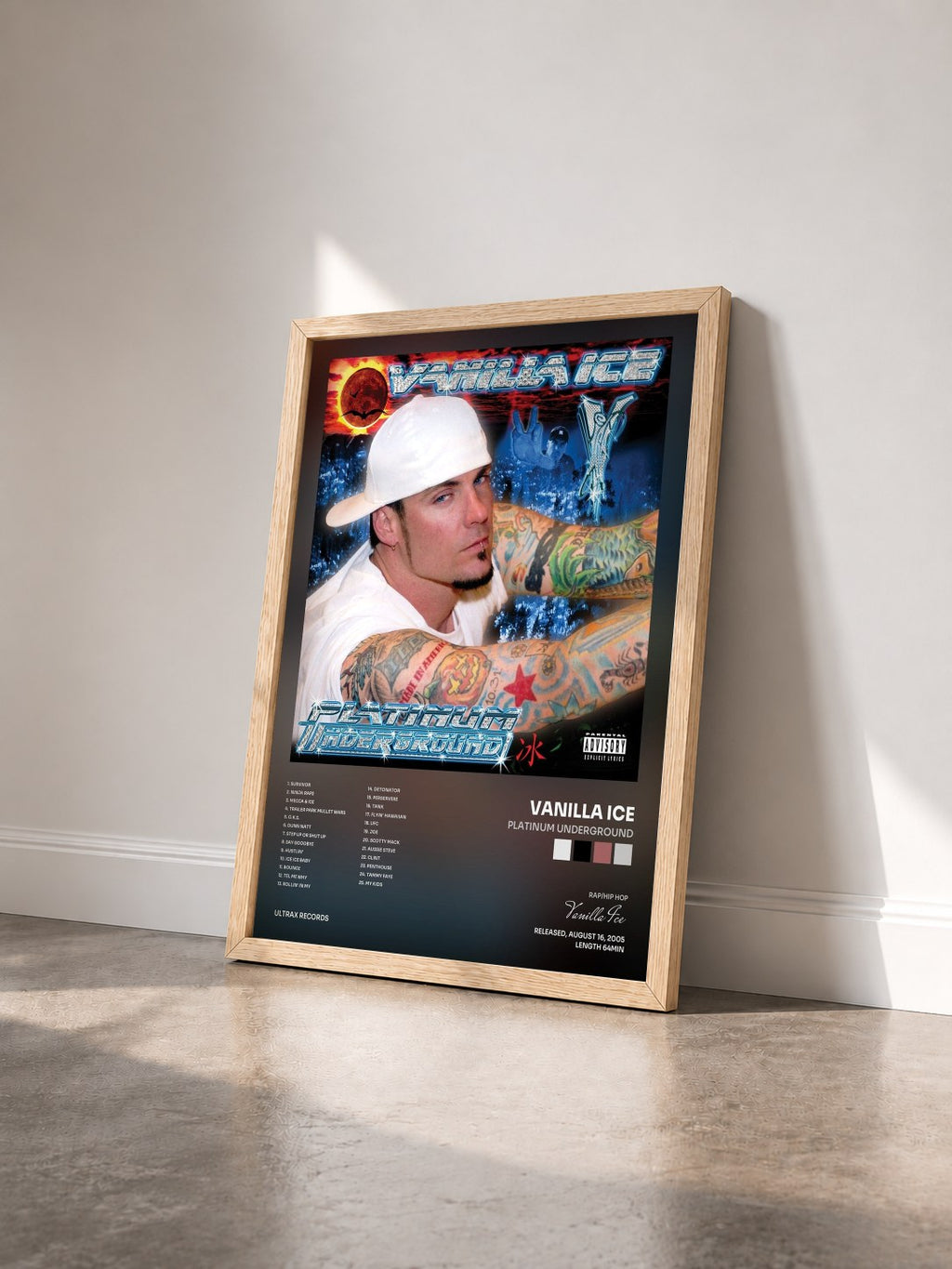 #bois Tableau de l'album Platinum Underground de Vanilla Ice vu de trois quarts, cadre en bois brut
