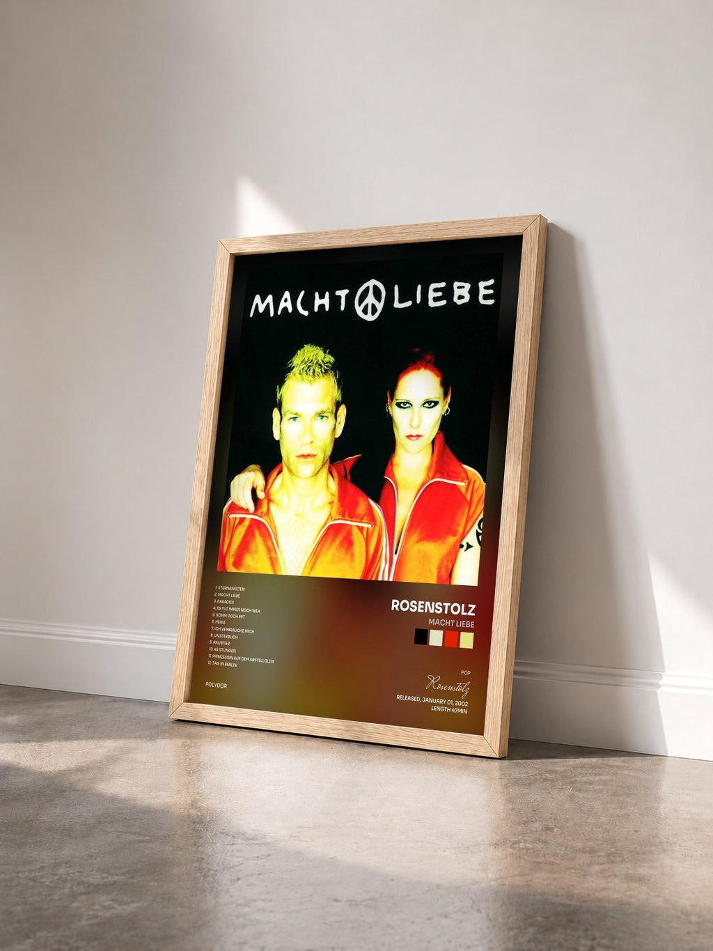 #bois Tableau de l'album Macht Liebe de Rosenstolz vu de trois quarts, cadre en bois brut