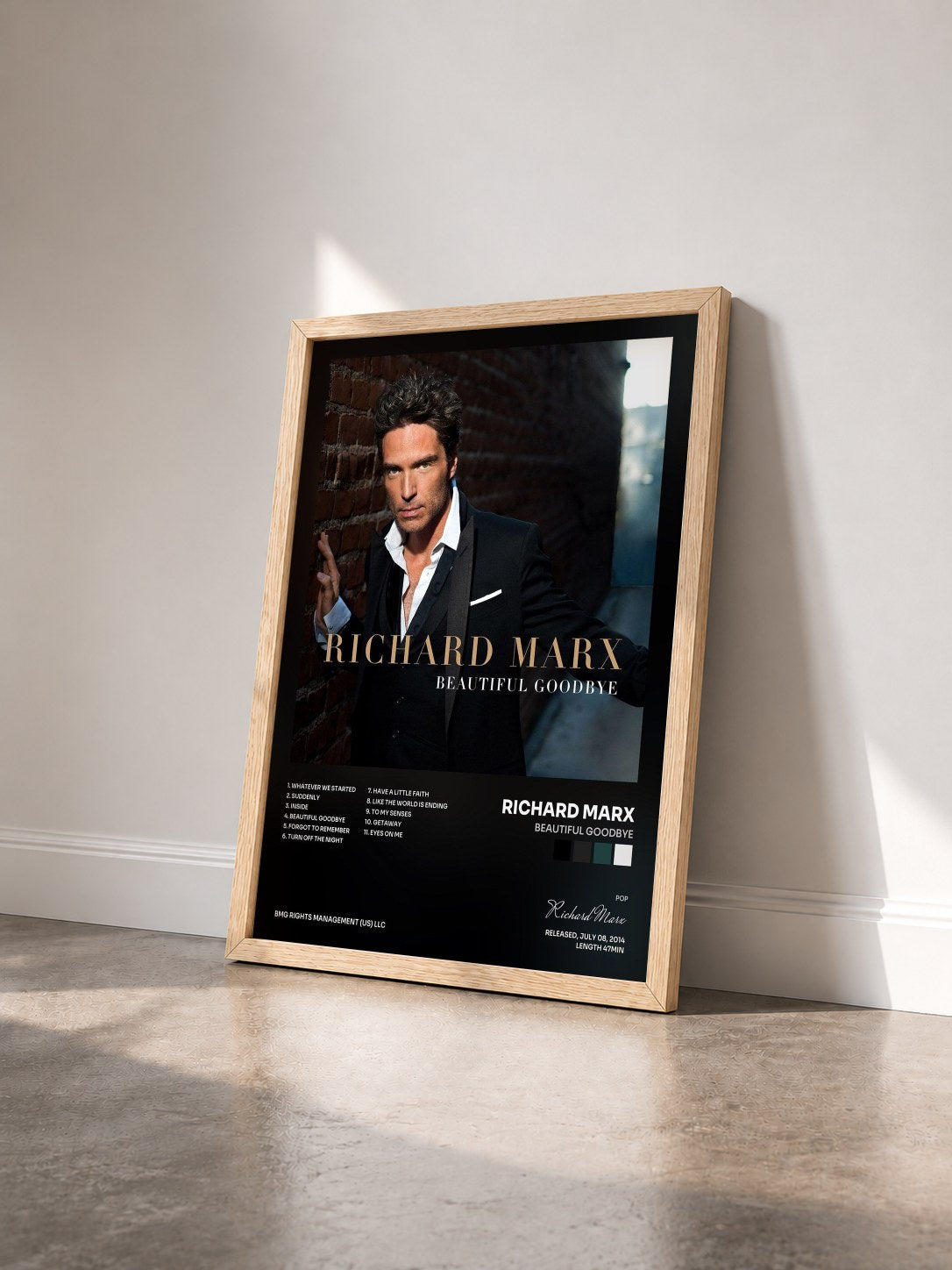 #bois Tableau de l'album Beautiful Goodbye de Richard Marx vu de trois quarts, cadre en bois brut