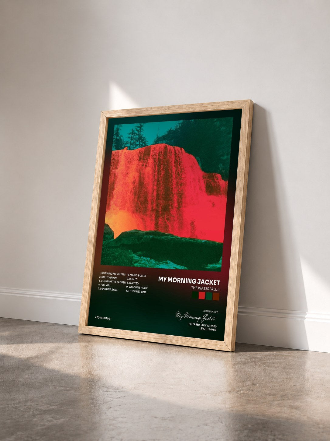 #bois Tableau de l'album The Waterfall II de My Morning Jacket vu de trois quarts, cadre en bois brut