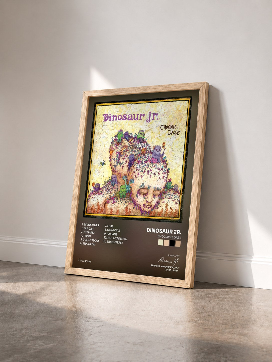 #bois Tableau de l'album Chocomel Daze de Dinosaur Jr. vu de trois quarts, cadre en bois brut