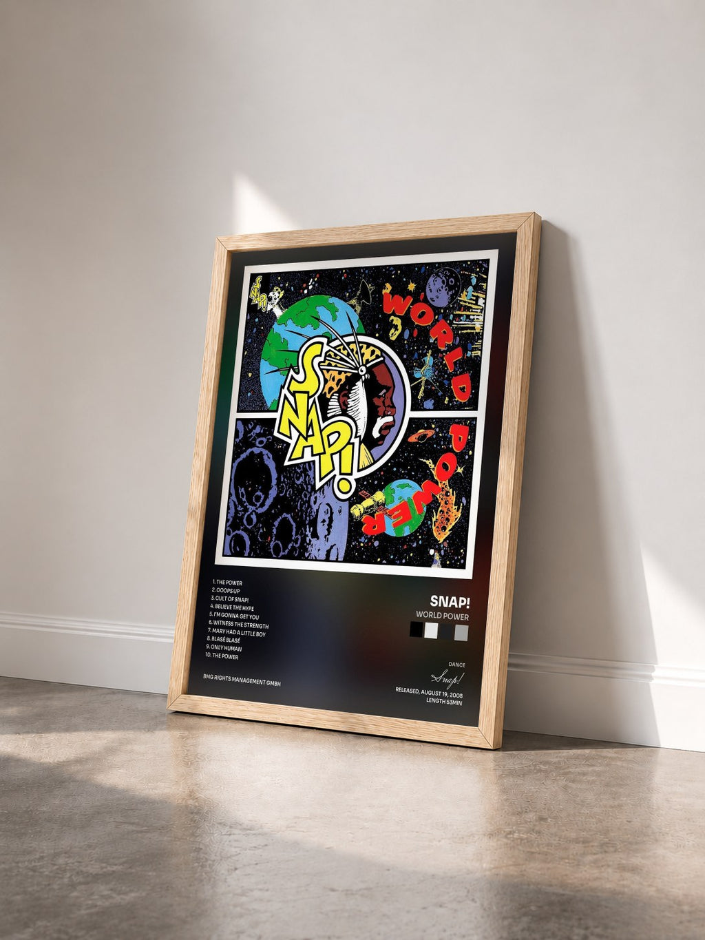 #bois Tableau de l'album World Power de Snap! vu de trois quarts, cadre en bois brut