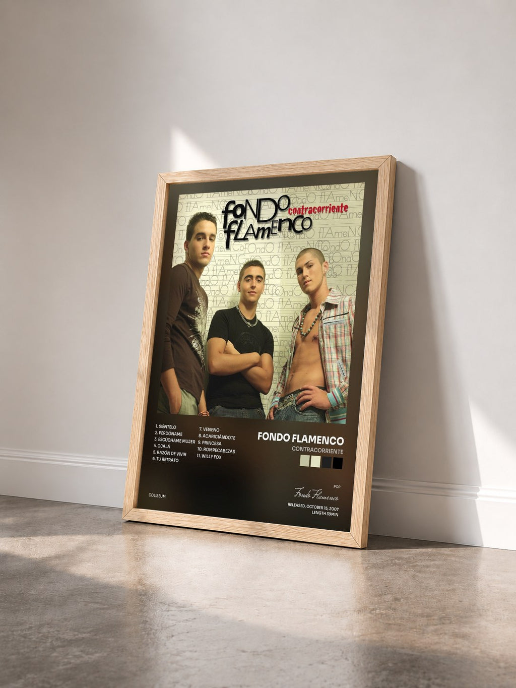 #bois Tableau de l'album Contracorriente de Fondo Flamenco vu de trois quarts, cadre en bois brut