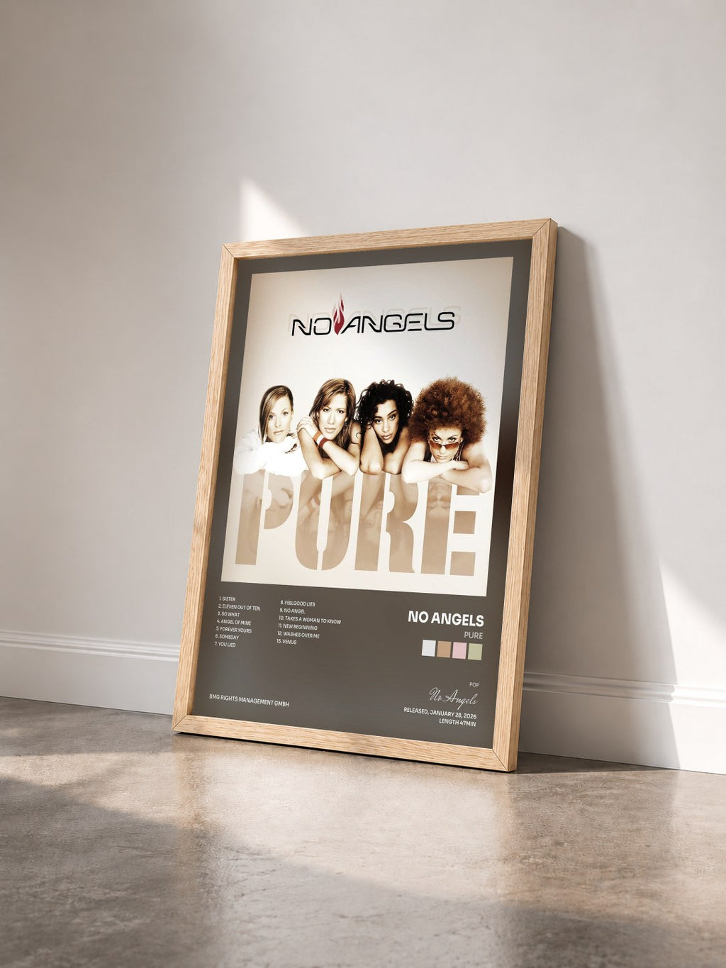 #bois Tableau de l'album Pure de No Angels vu de trois quarts, cadre en bois brut