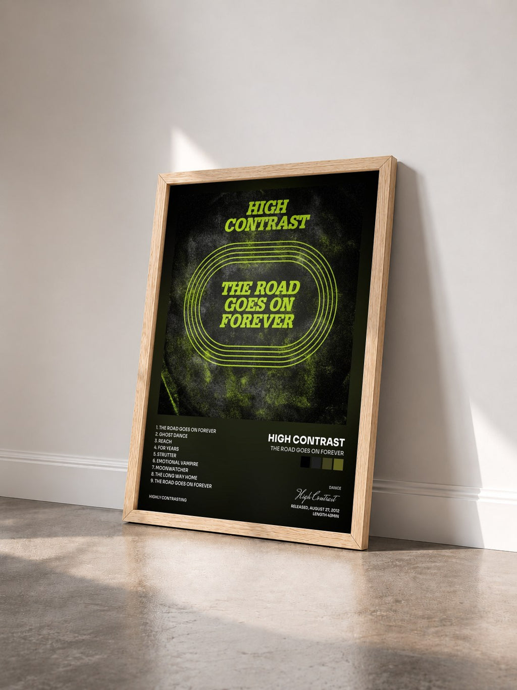 #bois Tableau de l'album The Road Goes On Forever de High Contrast vu de trois quarts, cadre en bois brut