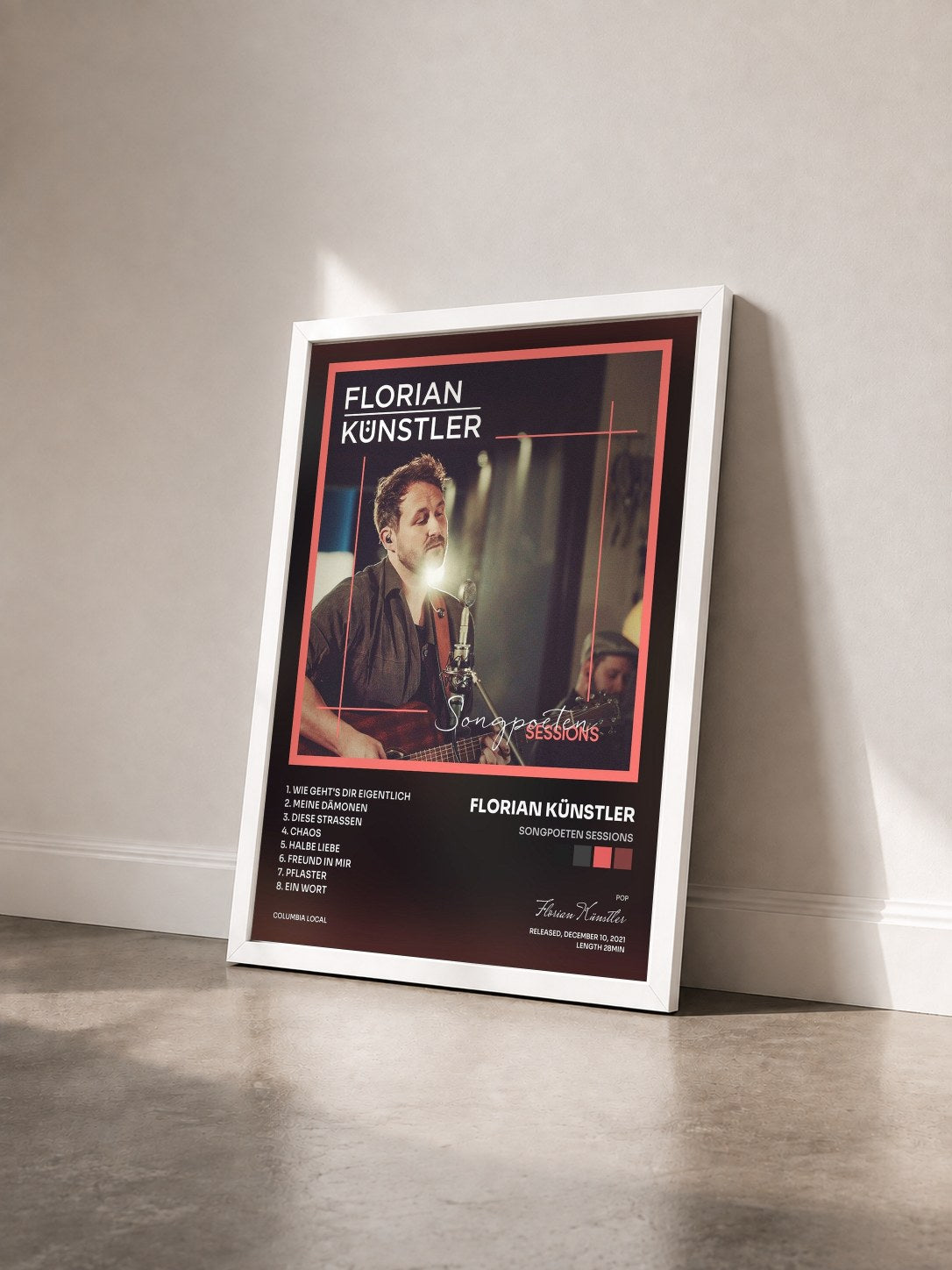 #blanc Tableau de l'album Songpoeten Sessions de Florian Künstler vu de trois quarts, cadre blanc