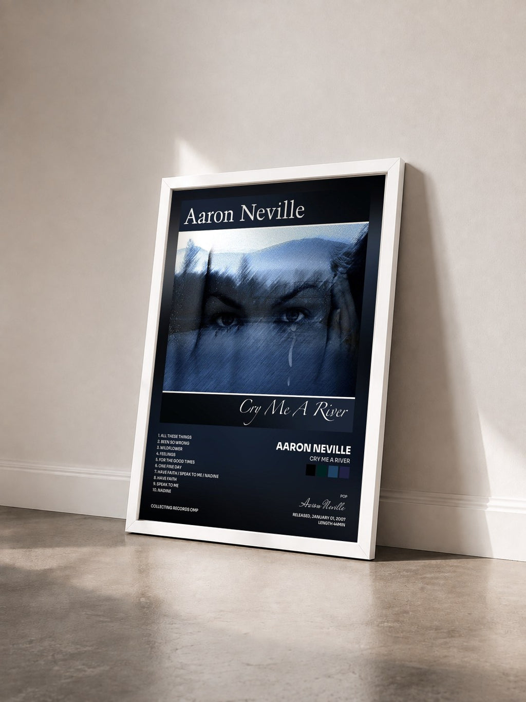 #blanc Tableau de l'album Cry Me A River de Aaron Neville vu de trois quarts, cadre blanc