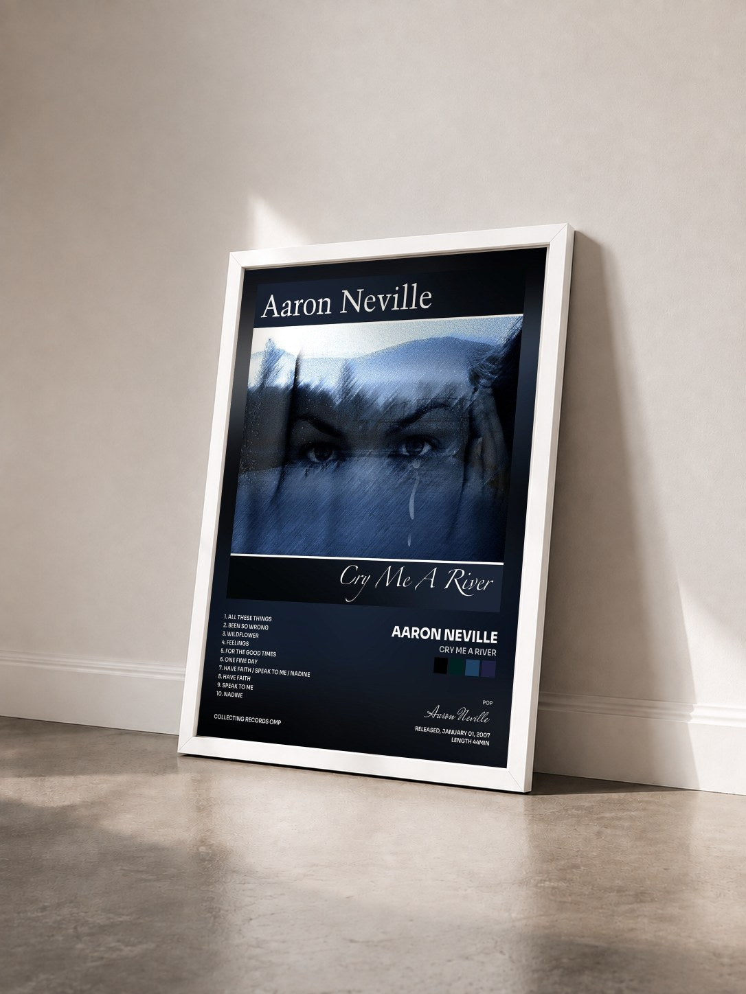 #blanc Tableau de l'album Cry Me A River de Aaron Neville vu de trois quarts, cadre blanc