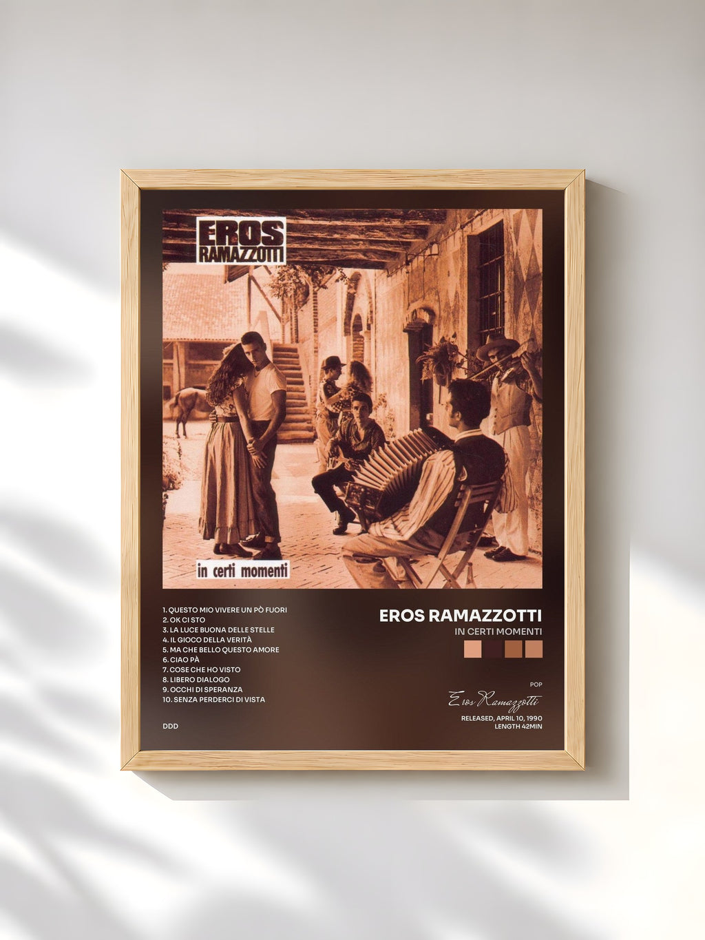 #bois Tableau de l'album In Certi Momenti de Eros Ramazzotti, cadre en bois brut, imprimé et encadré en France