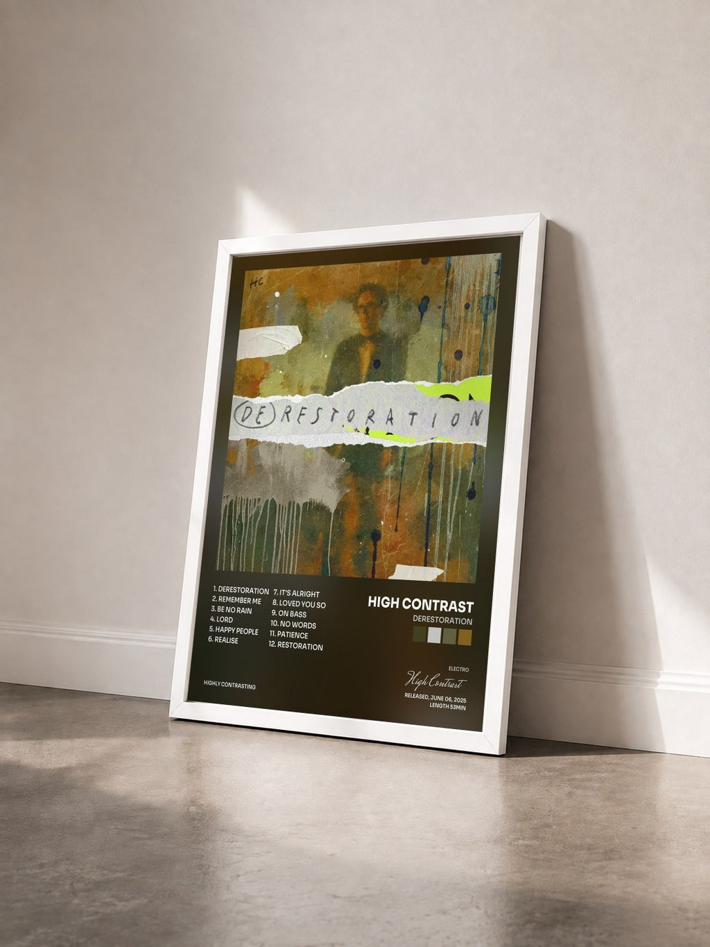 #blanc Tableau de l'album Derestoration de High Contrast vu de trois quarts, cadre blanc