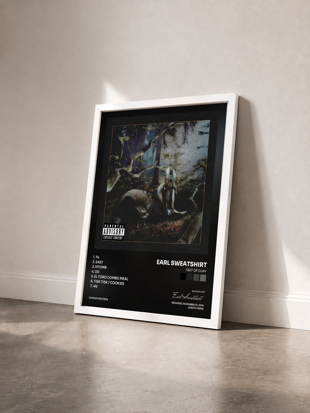 #blanc Tableau de l'album FEET OF CLAY de Earl Sweatshirt vu de trois quarts, cadre blanc