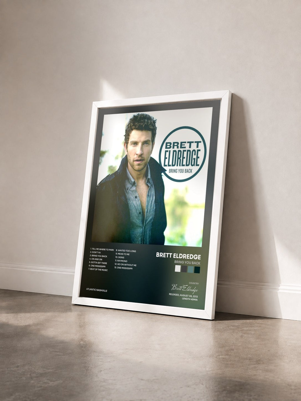 #blanc Tableau de l'album Bring You Back de Brett Eldredge vu de trois quarts, cadre blanc