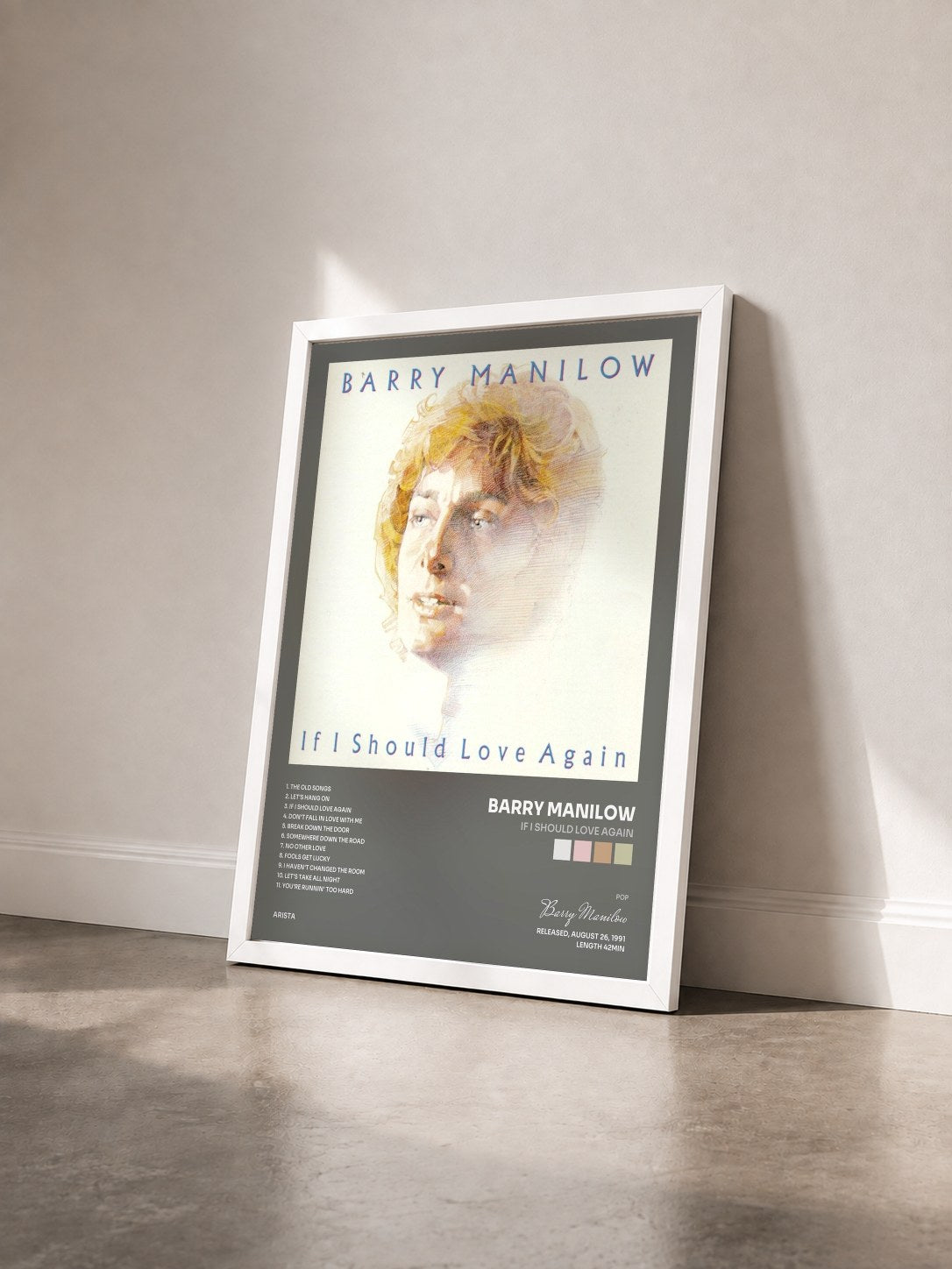 #blanc Tableau de l'album If I Should Love Again de Barry Manilow vu de trois quarts, cadre blanc