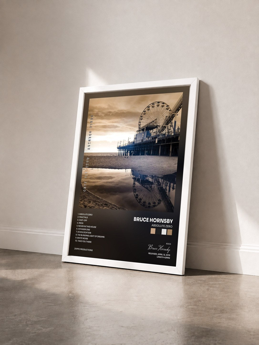 #blanc Tableau de l'album Absolute Zero de Bruce Hornsby vu de trois quarts, cadre blanc