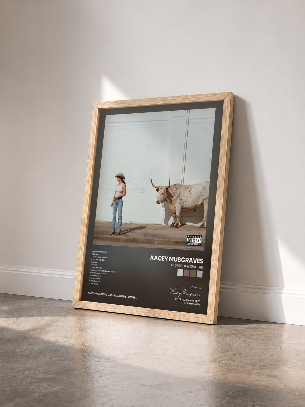 #bois Tableau de l'album Middle of Nowhere de Kacey Musgraves vu de trois quarts, cadre en bois brut