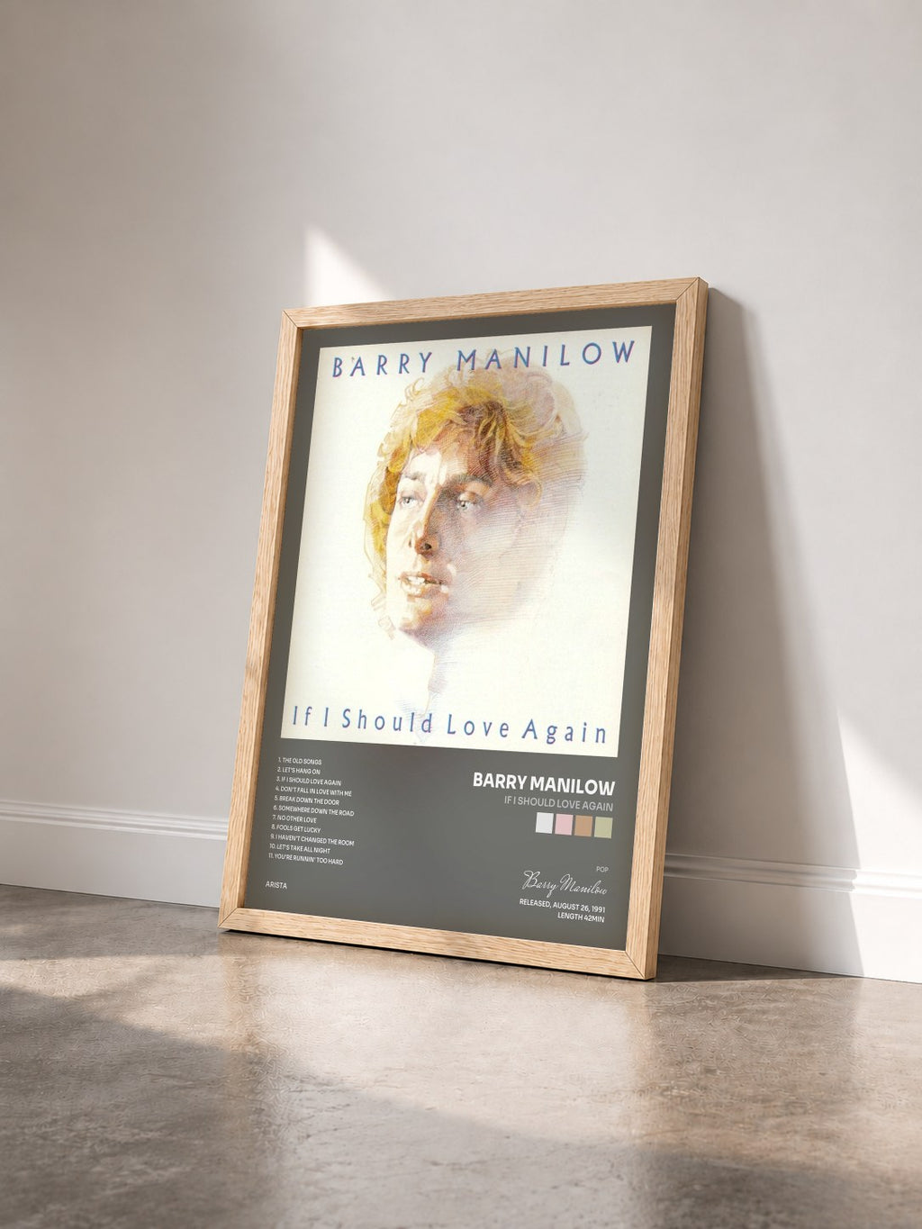 #bois Tableau de l'album If I Should Love Again de Barry Manilow vu de trois quarts, cadre en bois brut
