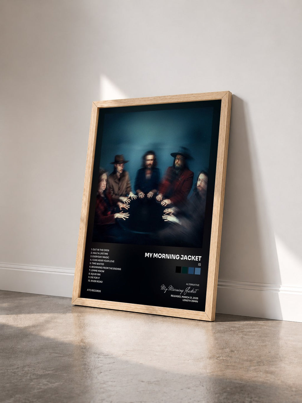 #bois Tableau de l'album is de My Morning Jacket vu de trois quarts, cadre en bois brut