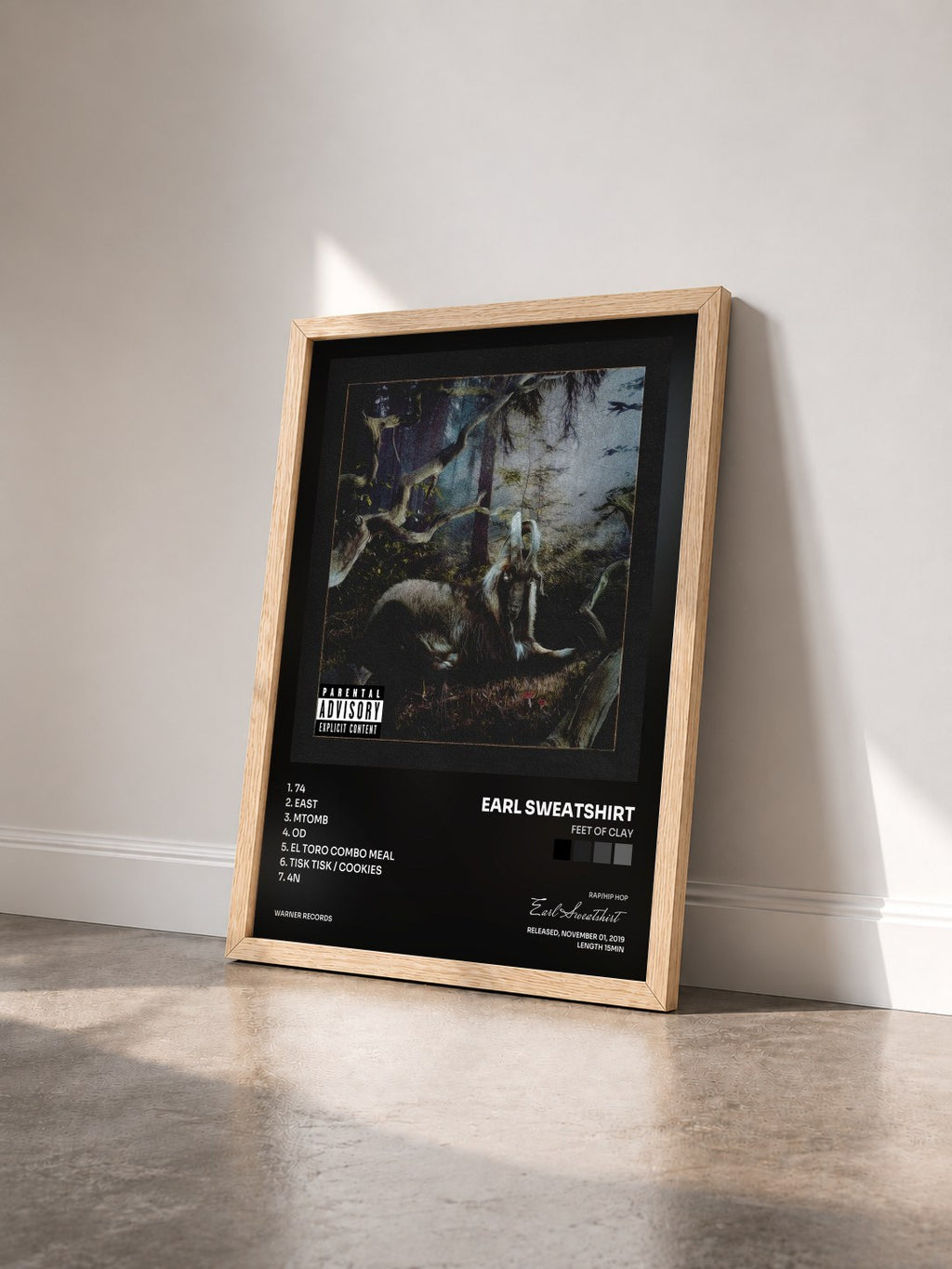 #bois Tableau de l'album FEET OF CLAY de Earl Sweatshirt vu de trois quarts, cadre en bois brut