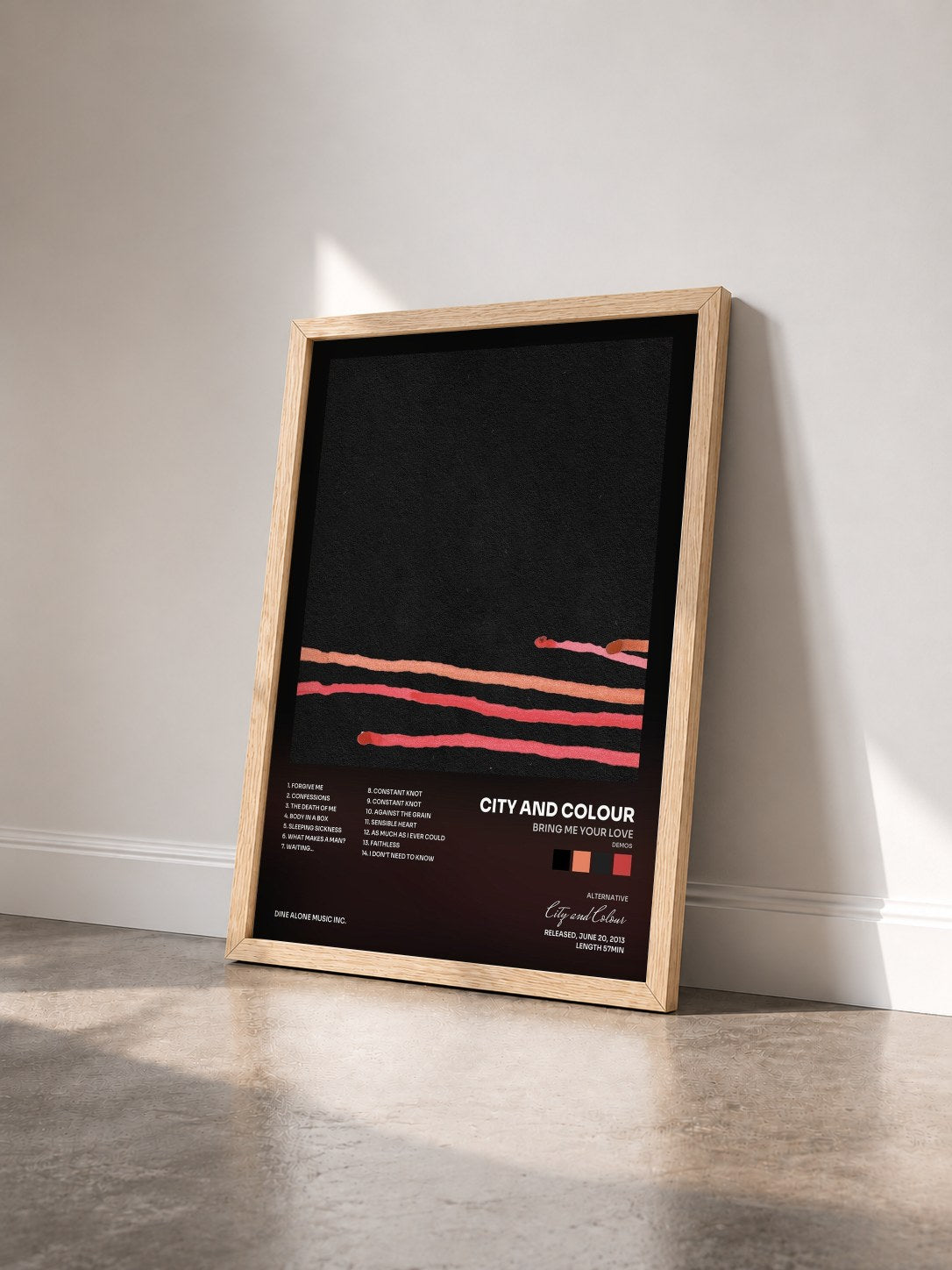 #bois Tableau de l'album Bring Me Your Love (Demos) de City and Colour vu de trois quarts, cadre en bois brut