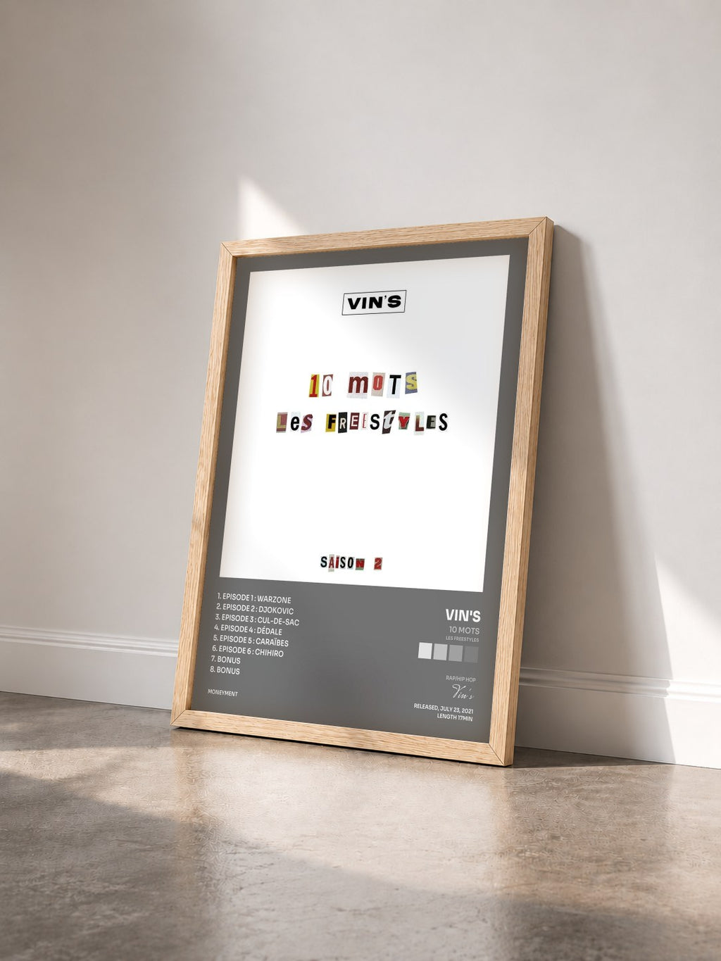 #bois Tableau de l'album 10 mots (Les freestyles) [Saison 2] de Vin's vu de trois quarts, cadre en bois brut