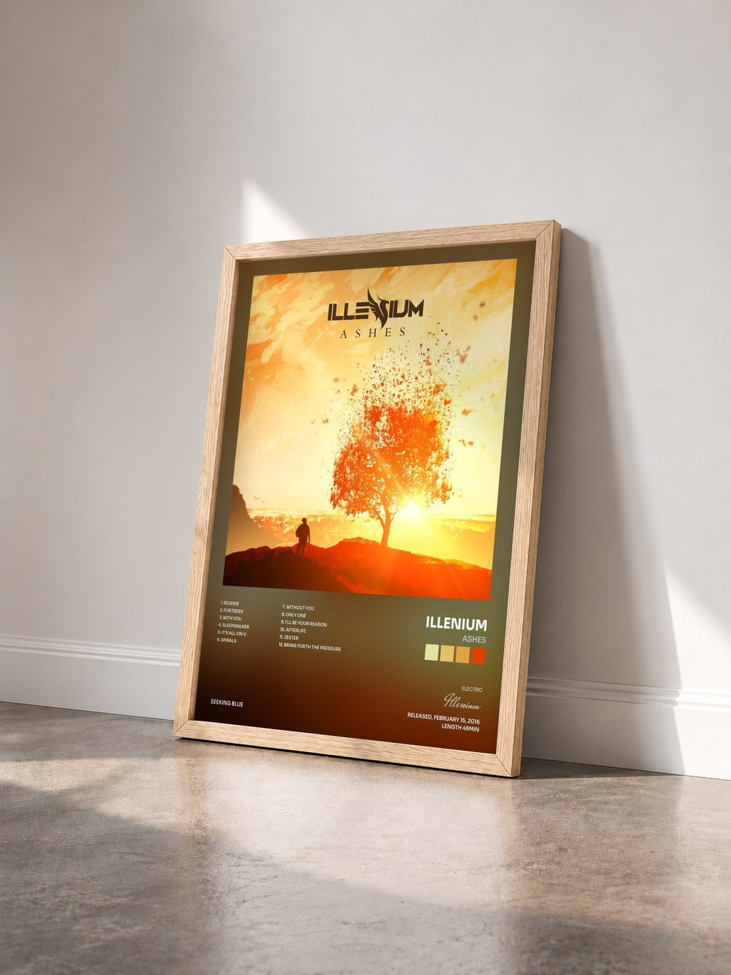 #bois Tableau de l'album Ashes de Illenium vu de trois quarts, cadre en bois brut