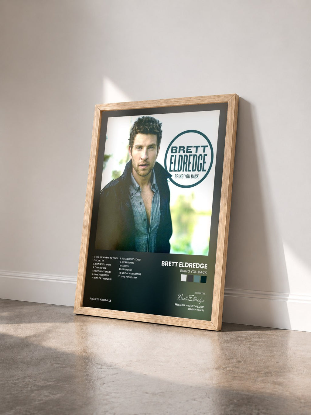 #bois Tableau de l'album Bring You Back de Brett Eldredge vu de trois quarts, cadre en bois brut