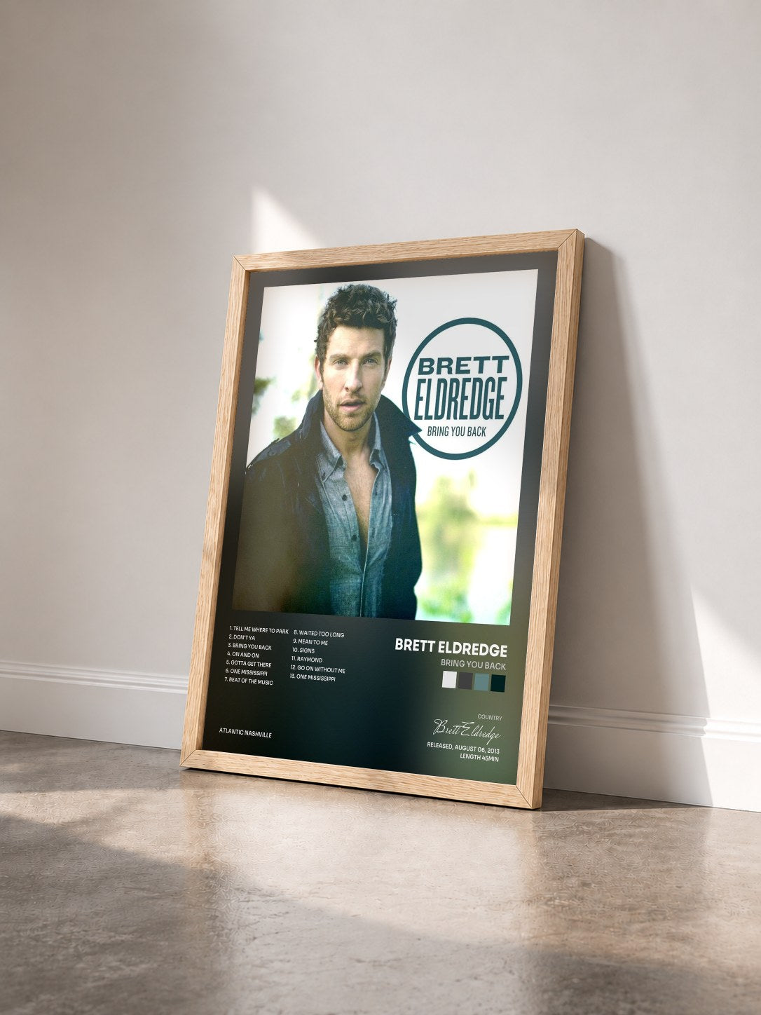 #bois Tableau de l'album Bring You Back de Brett Eldredge vu de trois quarts, cadre en bois brut