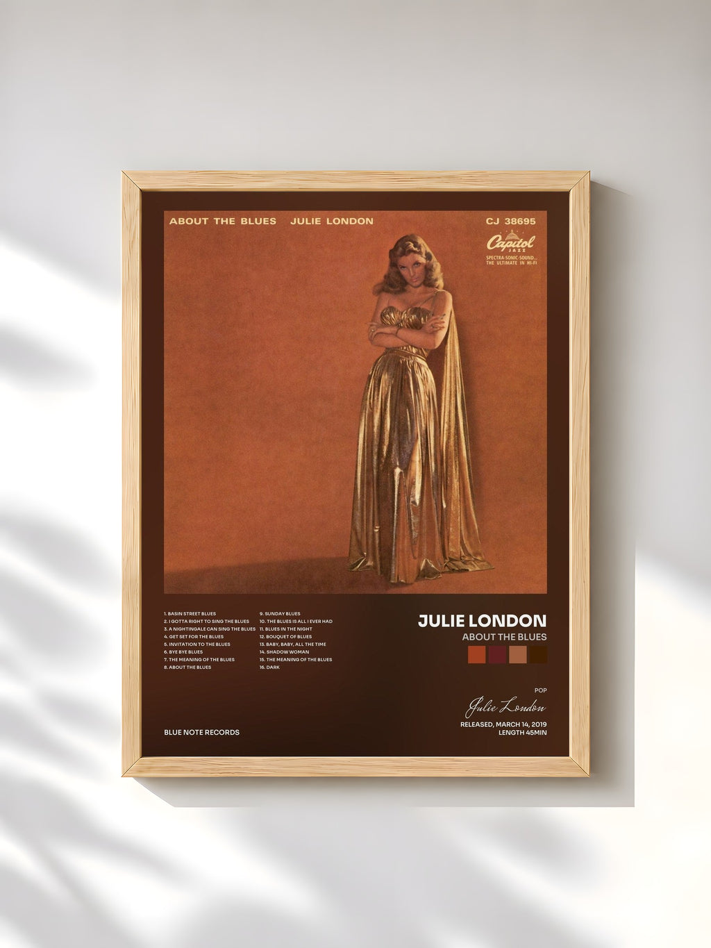 #bois Tableau de l'album About The Blues de Julie London, cadre en bois brut, imprimé et encadré en France