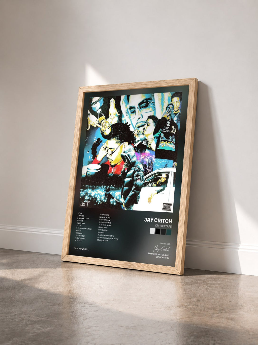 #bois Tableau de l'album Critch Tape de Jay Critch vu de trois quarts, cadre en bois brut