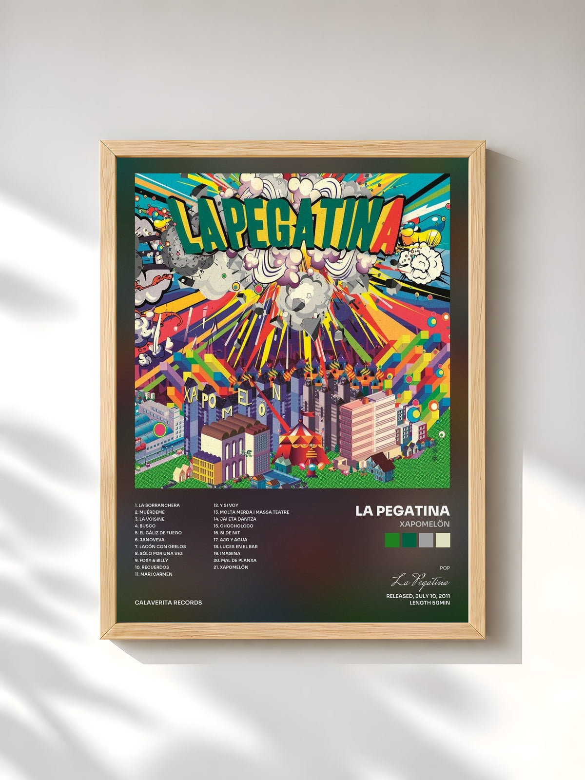 #bois Tableau de l'album Xapomelön de La Pegatina, cadre en bois brut, imprimé et encadré en France