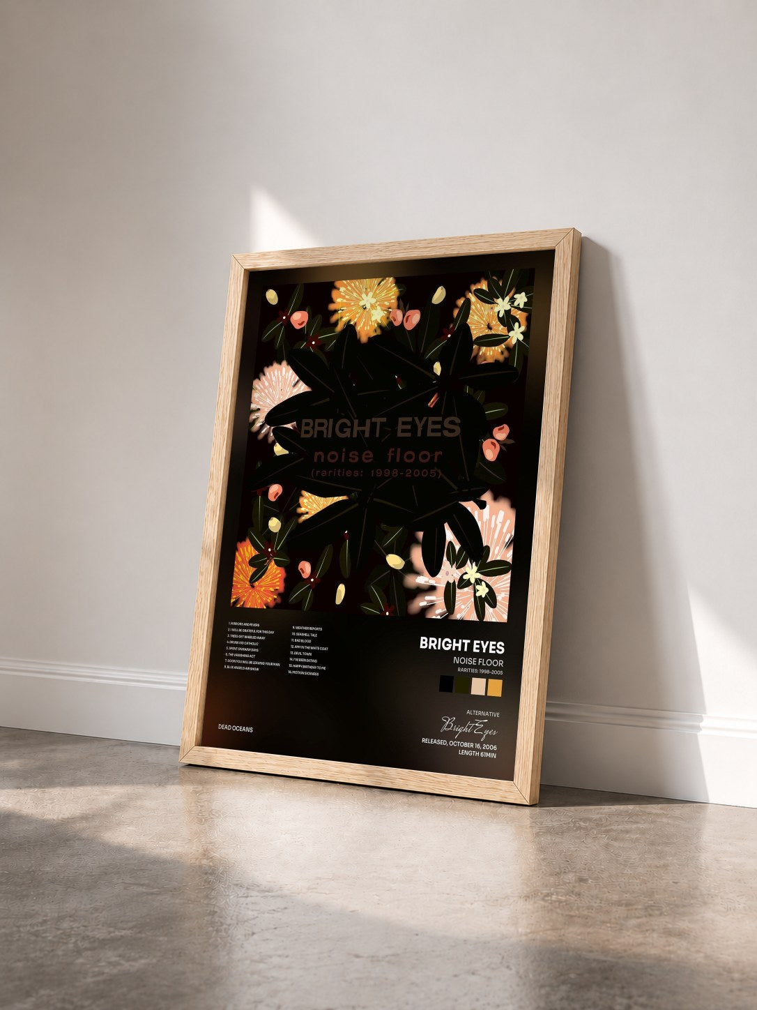 #bois Tableau de l'album Noise Floor (Rarities: 1998-2005) de Bright Eyes vu de trois quarts, cadre en bois brut