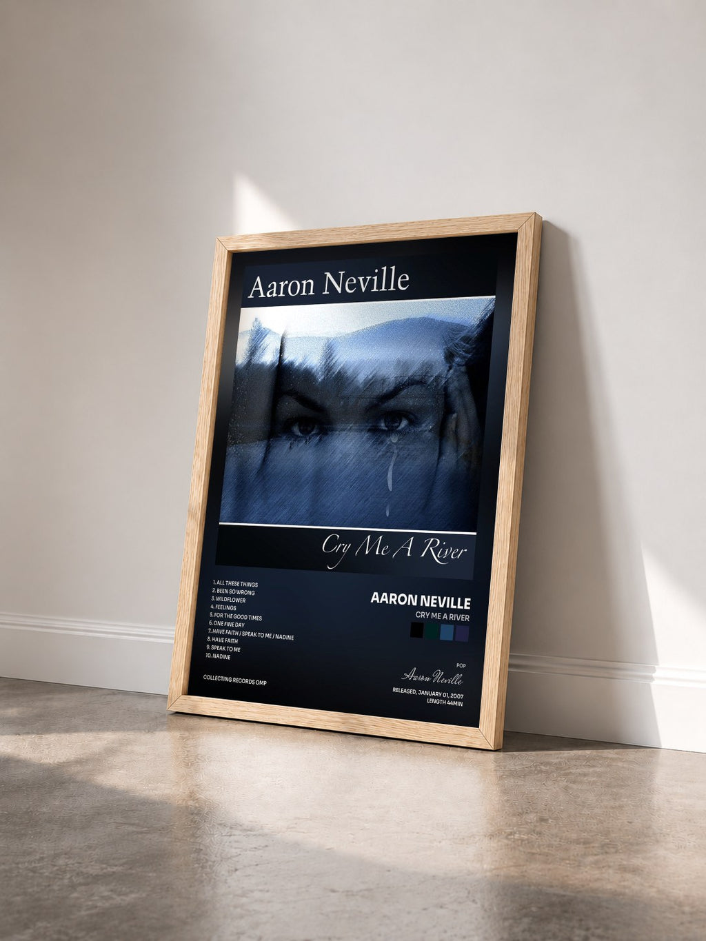 #bois Tableau de l'album Cry Me A River de Aaron Neville vu de trois quarts, cadre en bois brut